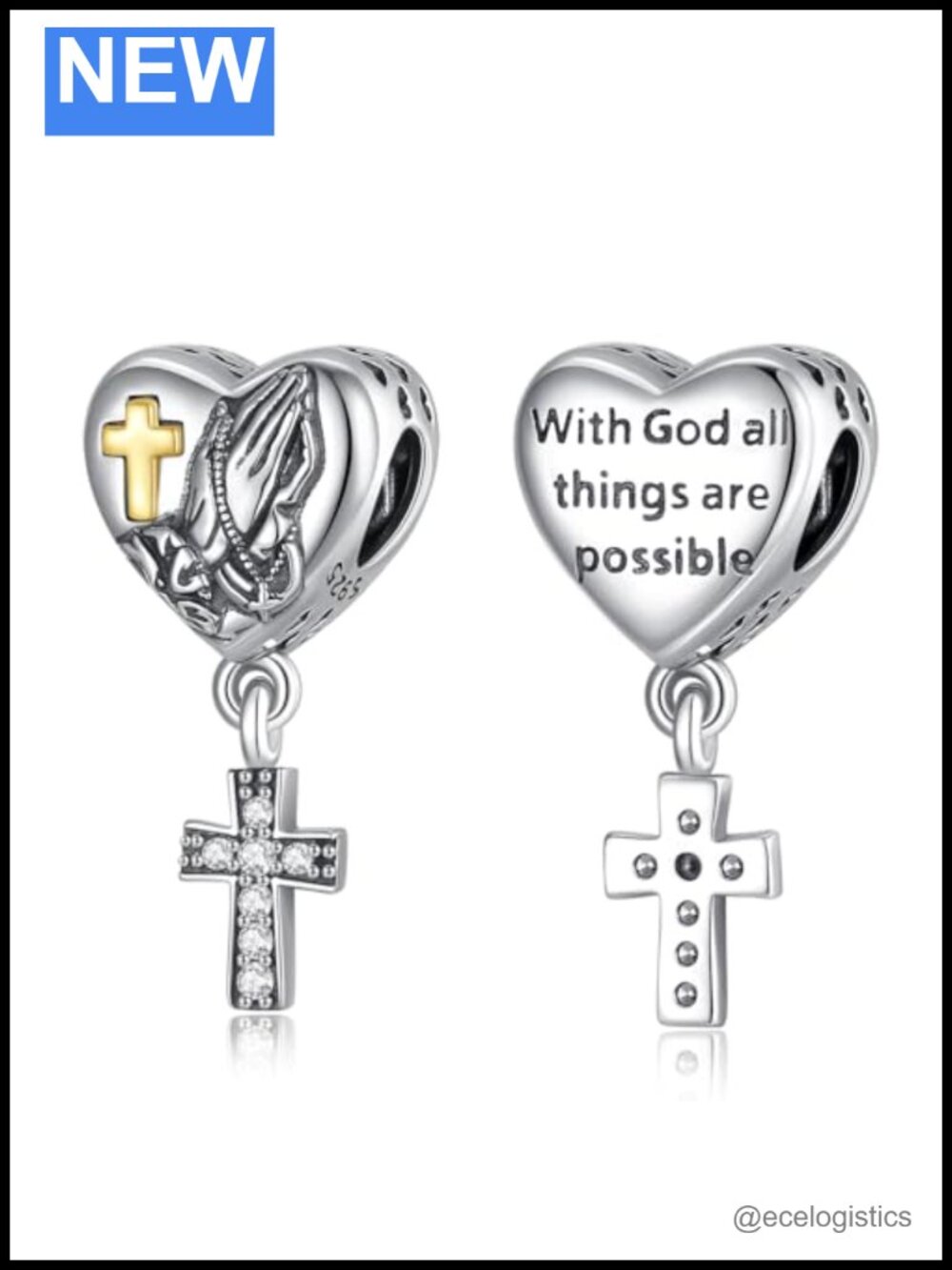 925 Sterling Silver Cross Charm Bead 18K Gold Plated Bracelet DIY